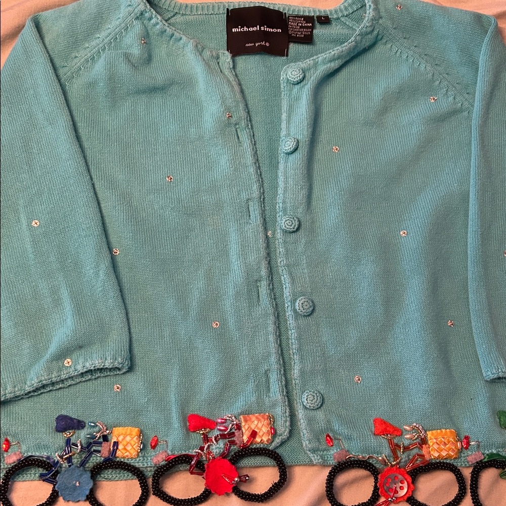 Michael Kors Blue Cardigan with Bicycle Embroidery